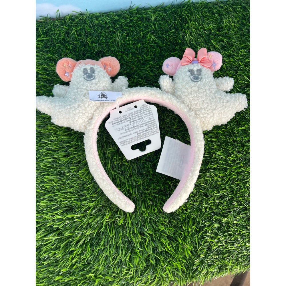 Disney Parks Mickey Minnie Mouse Ghost Halloween Plush Sherpa Headband NWT